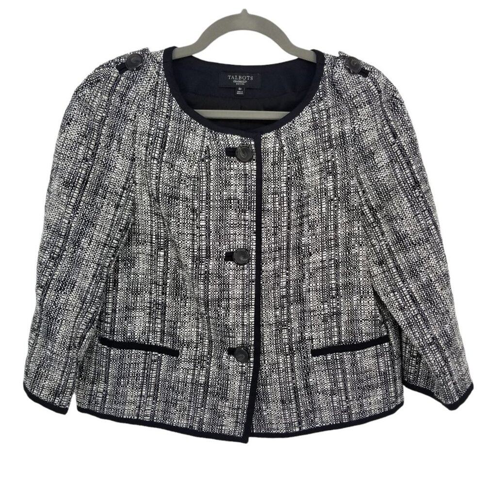 Talbots Tweed Blazer Jacket 8P Navy‎ Cream 3/4 Sleeves Button Down Collarless